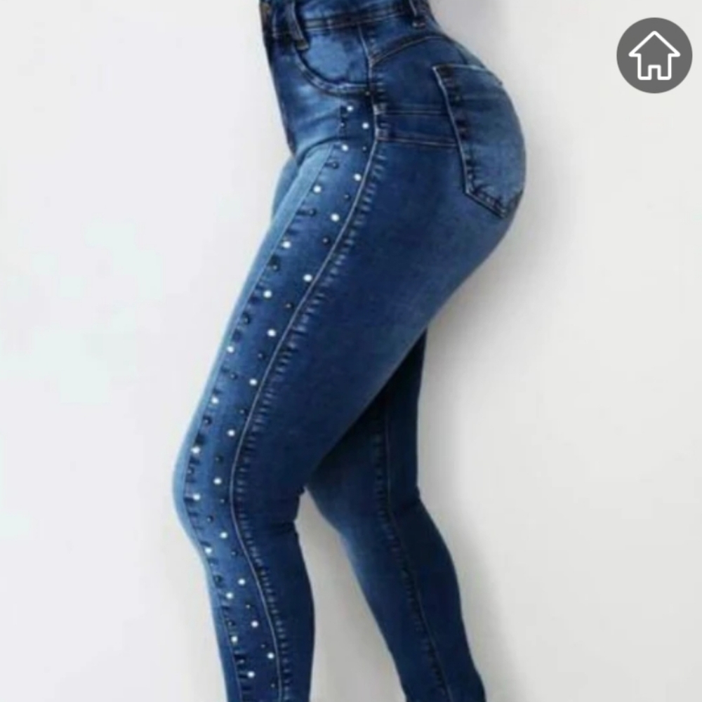 Rhinestone side high-waisted skinny jeans